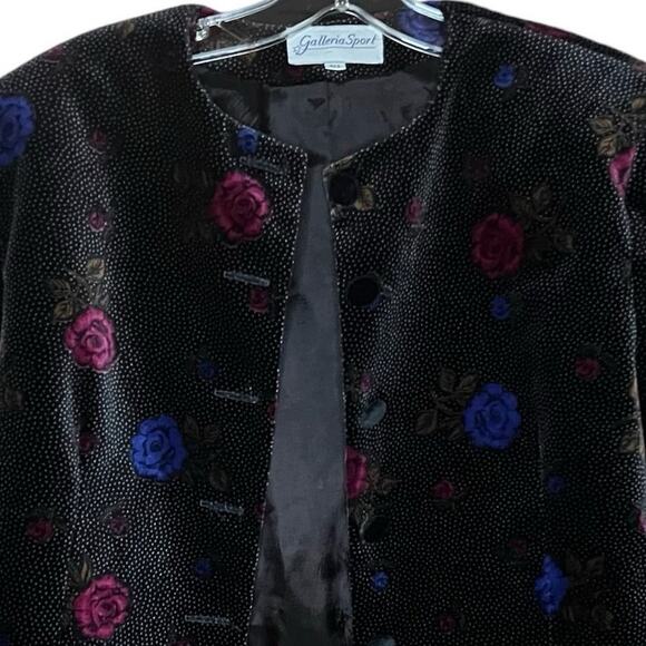 Galleria Sport Velvet Cropped Floral Blazer Jacket 100% Cotton Sz 10 Black - Picture 5 of 11